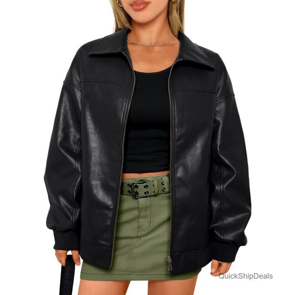 Oversized Faux Leather Bomber Jacket with Zip Up and Side Pockets